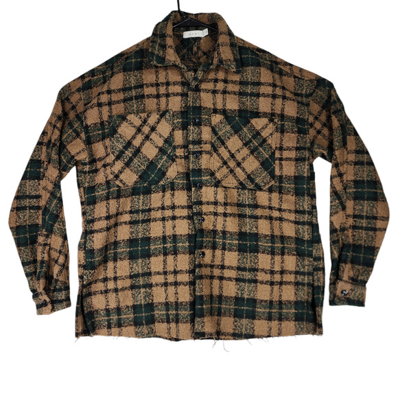 mnml Shacket Shirt Jacket M Men Plaid Loose Woven Flannel Brown Green Raw Hem - Picture 3 of 16